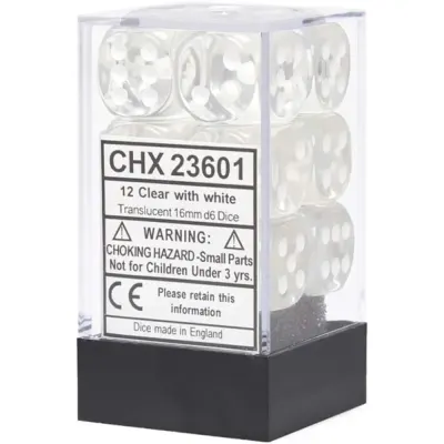 Set 12 Zaruri Chessex Translucent 16mm d6 Dice Blocks - Transparent/Alb