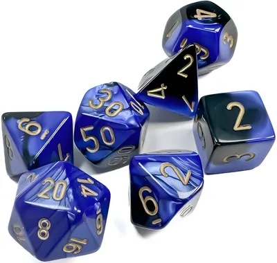 Set de zaruri Chessex Gemini Black-Blue/Gold Polyhedral (7 buc.)