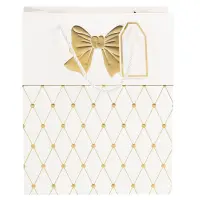 Pungi cadou cu mâner model fundă și romburi aurii - alb (set 12 buc) - Mare - 31x42x12cm