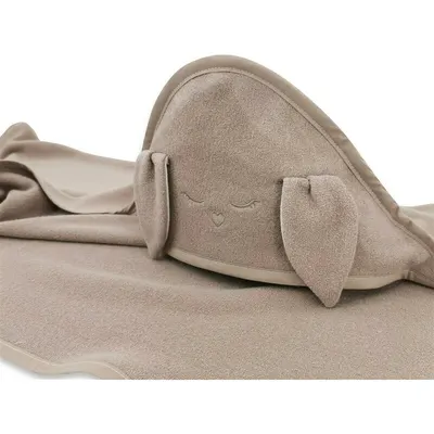 Prosop cu gluga Qmini Rabbit Mocha, cu broderie si urechi, 100x100 cm, din tricot termo-terry din bambus