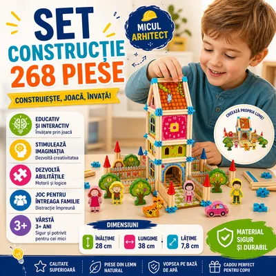 Set constructie din lemn cu 268 piese pentru copii, Micul Arhitect, Educativ si interactiv