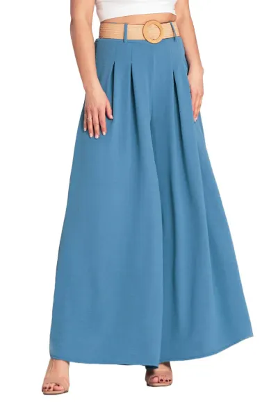 Pantaloni dama - cu curea - eleganti - albastri - poliester