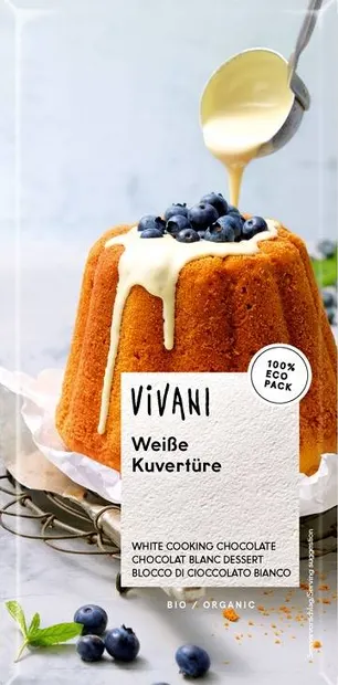 Cobertura de ciocolată bio, albă, 200 g, Vivani