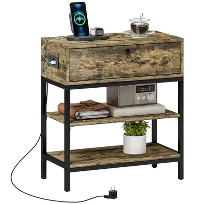 HOMCOM Măsuță de Cafea cu 2 Prize și 2 Porturi USB, Sertar și 2 Rafturi Deschise, 60x30x66,5 cm, Maro | Aosom Romania
