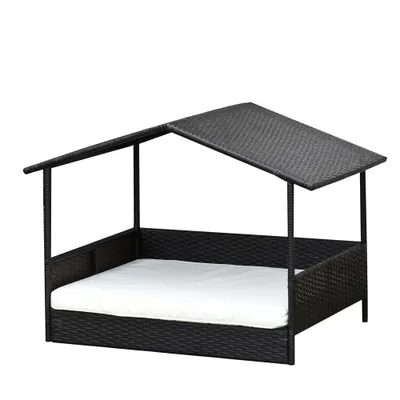 PawHut Pat Ratan pentru Câini cu Acoperiș pentru Exterior, Pat ridicat pentru câini mici și medii, Pat răcoros pentru Animale de Companie cu Cadru din Metal, Pat pentru Exterior, 69 x 98 x 70 cm, Cafea-Brun | Aosom Romania