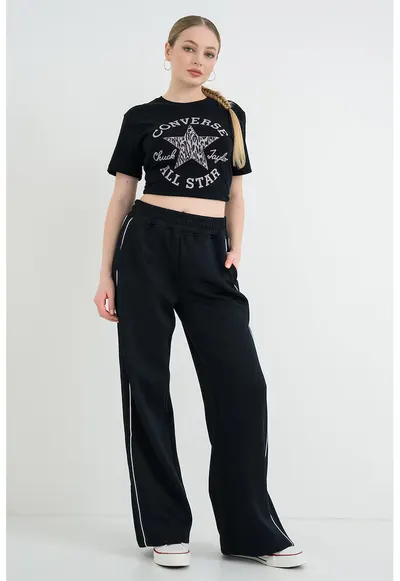 Pantaloni de trening cu croiala ampla si buzunare - Alb/Negru