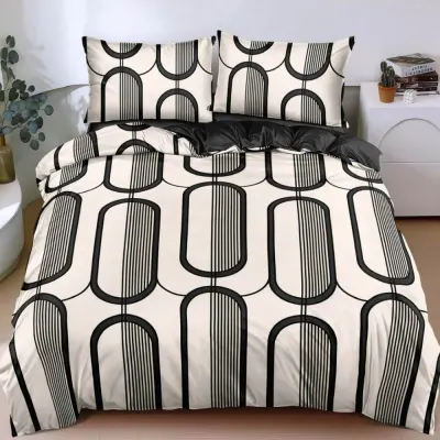 Lenjerie pat dublu cu Elastic, bumbac satinat, Crem, Negru, abstract