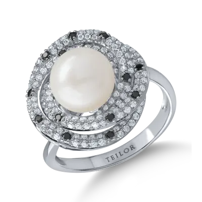 Inel din aur alb cu diamante negre si incolore de 0.7ct si perla de cultura