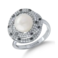 Inel din aur alb cu diamante negre si incolore de 0.7ct si perla de cultura
