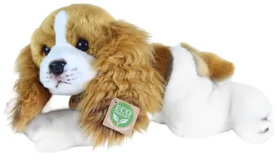 Jucărie de pluș Rappa Eco Friends - Câine Cavalier King Charles Spaniel culcat, 30 cm