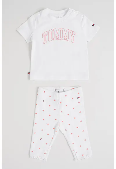 Set de tricou cu imprimeu logo si colanti cu model cu inimi - 2 piese - Alb/Fucsia