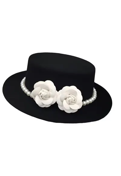 Palarie neagra - stil canotiera - handmade - cu flori si perle - Senna