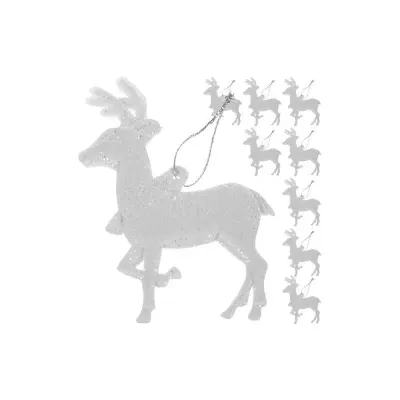 Set 9 ornamente pentru bradul de Craciun, model Ren, 9,5 x 7 cm, alb cu sclipici