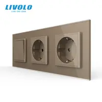 Intrerupator mecanic dublu + priza Schuko + priza Schuko, cap / cruce, cu rama sticla Auriu