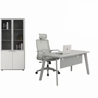 Set Serenity & Calvena - Birou cu dulap lateral, scaun ergonomic si dulap de depozitare cu usi din sticla