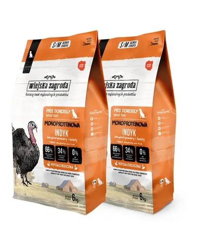 WIEJSKA ZAGRODA Hrană uscată monoproteice cu curcan pentru câini S/M 2x6 kg