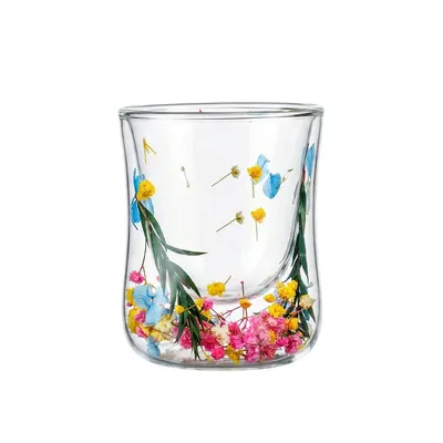 Pahar cu inserție de flori uscate, floarea miresei galben, roz și verde, pereți dubli, sticlă borosilicată, 200 ml, Aurora Bloom