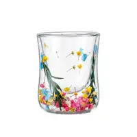 Pahar cu inserție de flori uscate, floarea miresei galben, roz și verde, pereți dubli, sticlă borosilicată, 200 ml, Aurora Bloom