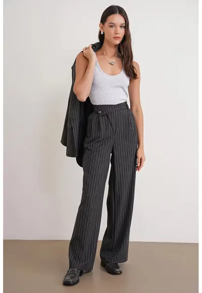 Pantaloni dama - talie inalta - picior drept - gri - poliester