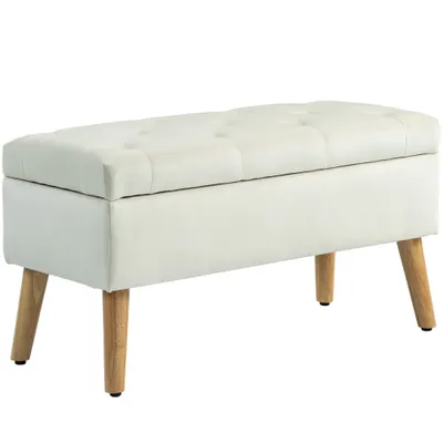 HOMCOM Taburet cu Depozitare In Catifea Picioare In Lemn Di Cauciuc 80x35x42 cm Crem | Aosom Romania