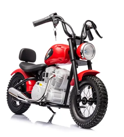 Motocicleta pentru copii, Kinderauto Chopper 350W, 36V, cu roti gonflabile, scaun tapitat, rosie