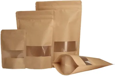 Set 100 Pungi tip stand-up pouch cu fereastra si fermoar ziplock, MSG, natur , 8x14+5 cm