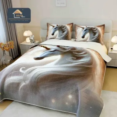 Cuvertura Matlasata, Bumbac Finet, cu Imprimeu 5D, 220x240cm + 2 fete de perna 50x70cm, Bej, Crem, Unicorn