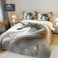 Cuvertura Matlasata, Bumbac Finet, cu Imprimeu 5D, 220x240cm + 2 fete de perna 50x70cm, Bej, Crem, Unicorn