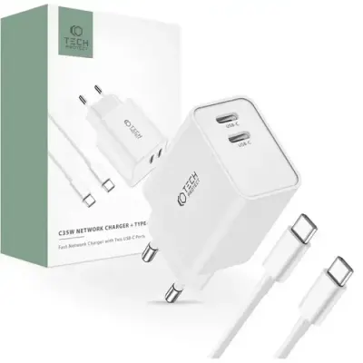 Incarcator retea TECH-PROTECT C35W, 2x USB-C, Power Delivery 35W, Cablu USB-C 1m inclus, Alb
