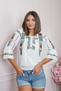 Bluza alba cu motiv floral multicolor Dalia 03 - maneca 3 4
