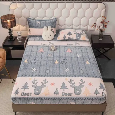 Cearsaf CoCoLiNo, JoJo Home, cu Elastic, 180x200x25cm, 2 fete de perne, 50x70cm, Gri, Alb, Reni, Fulgi de Nea