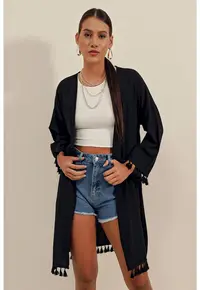 Kimonou plaja - HiCCUP - Midi - detalii cu pompon - negru - Negru