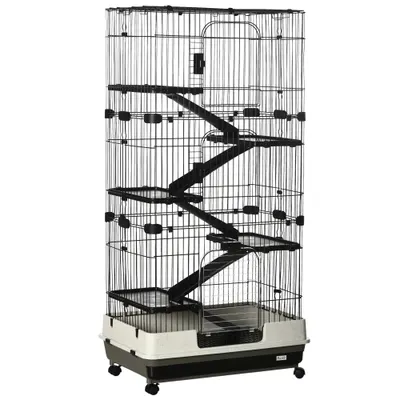 PawHut Cușcă pentru iepuri tarc cu 5 niveluri cu 3 uși 5 rampe tavă detașabilă roți 81 x 52,5 x 159 cm negru și gri | Aosom Romania