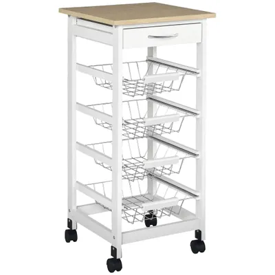 HOMCOM Cărucior de servire măsuță cu roți multi-rangements 4 coșuri metal + sertar lemn de pin 37 x 37 x 82 cm alb | Aosom Romania