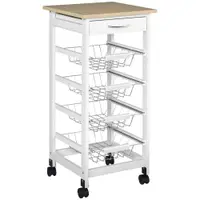 HOMCOM Cărucior de servire măsuță cu roți multi-rangements 4 coșuri metal + sertar lemn de pin 37 x 37 x 82 cm alb | Aosom Romania