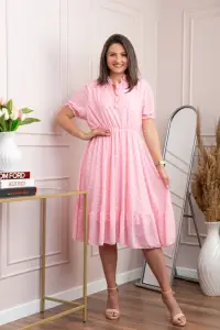 Rochie retro Krista cu buline albe si maneci bufante - Roz