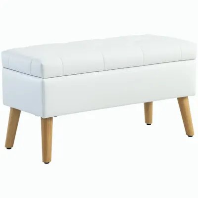 HOMCOM Bancă Tapizată cu Spațiu de Depozitare, Înveliș din Catifea, Picioare din Lemn, pentru Living, Dormitor, Hol, 80 x 35 x 40 cm, Alb | Aosom Romania