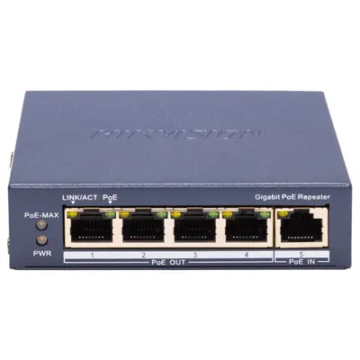 Repetor PoE Hikvision DS-3E0505P-E/R: 5 × 10/100 Mbps PoE PoE RJ45 port, 4 porturi PoE maxim 30W, buget PoE 60W, dimensiuni: 105