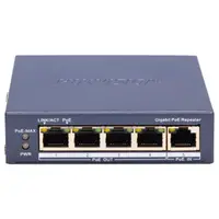 Repetor PoE Hikvision DS-3E0505P-E/R: 5 × 10/100 Mbps PoE PoE RJ45 port, 4 porturi PoE maxim 30W, buget PoE 60W, dimensiuni: 105