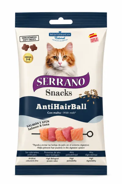 Recompense pentru pisici Serrano Sticks Anti-Hairball cu somon ton 50 gr