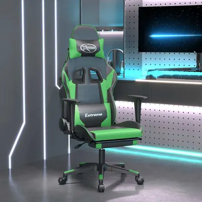 vidaXL Scaun gaming de masaj/suport picioare, negru/verde, piele eco