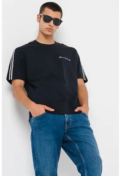 Tricou de bumbac cu decolteu la baza gatului - Alb optic/Bleumarin