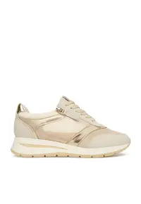 Pantofi sport dama bej/auriu - piele intoarsa si textil - cu platforma si fermoar
