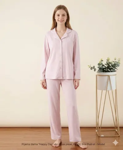 Pijama dama "Happy Day" din doua piese, PJ002, Roz Pudrat