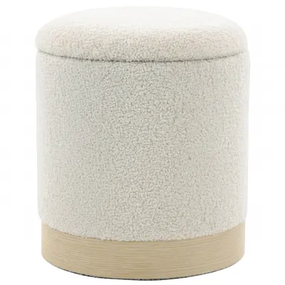 HOMCOM Taburet rotund 38 cm cu husă Sherpa, depozitare și picior metalic cu aspect de lemn, crem | Aosom Romania