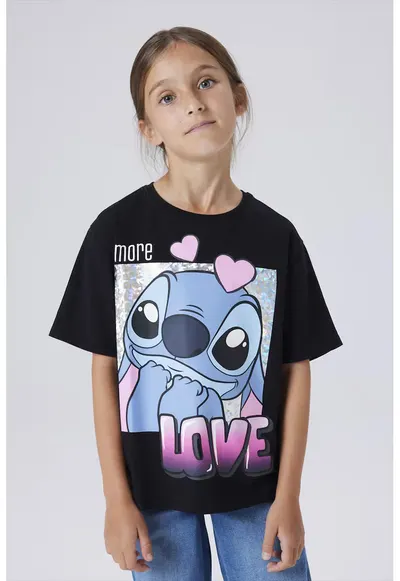 Tricou lejer cu imprimeu Stitch - Negru/Roz/Albastru deschis