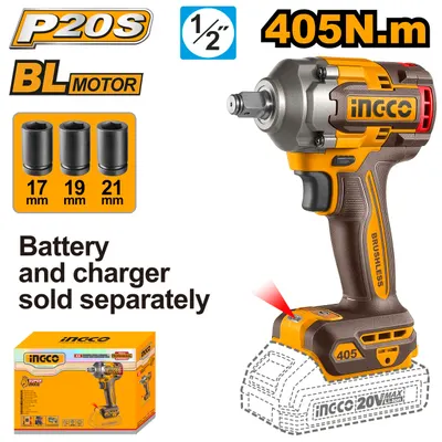 Masina de Insurubat cu Impact Profesionala 20V 405Nm Brushless INGCO CIWLI20451, 0-2400 rpm, 0-3000 bpm, prindere 1/2", cuplu desfacere 555Nm, fara acumulator si incarcator