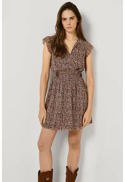 Rochie scurta cu aplicatii cu canafi si model Doty - Verde/Maro