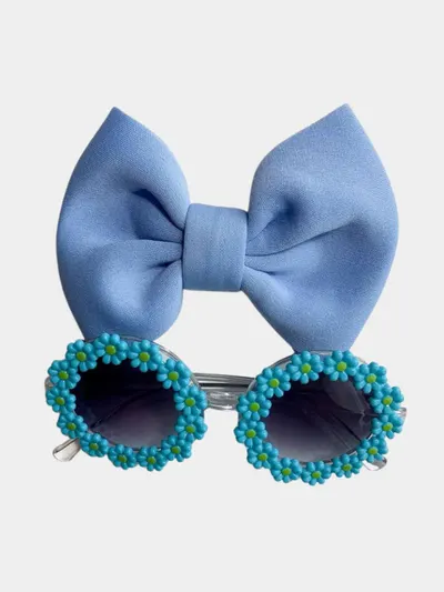 Set Ochelari de Soare pentru Fetite, Model Floricele Vesele, Marime Universala - Albastru