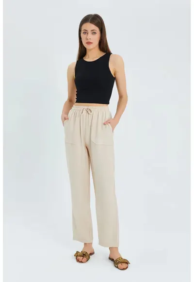 Pantaloni dama - talie inalta - croiala conica - bej - textil
